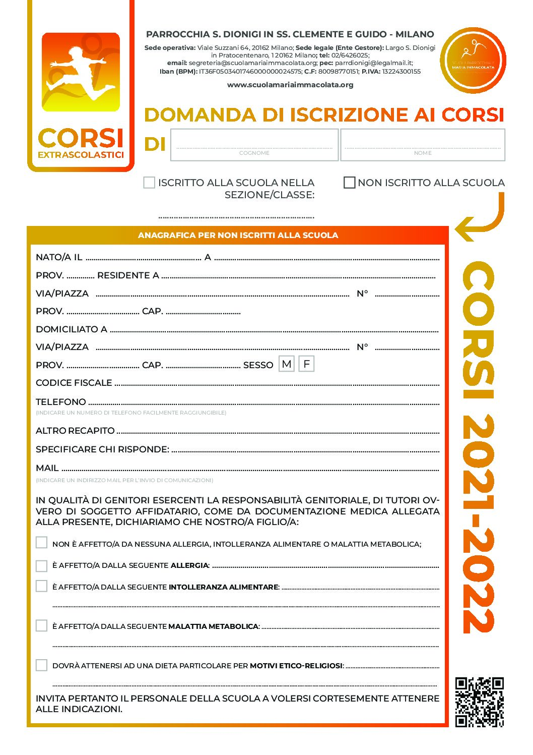 Modulo d'iscrizione ai corsi extrascolastici