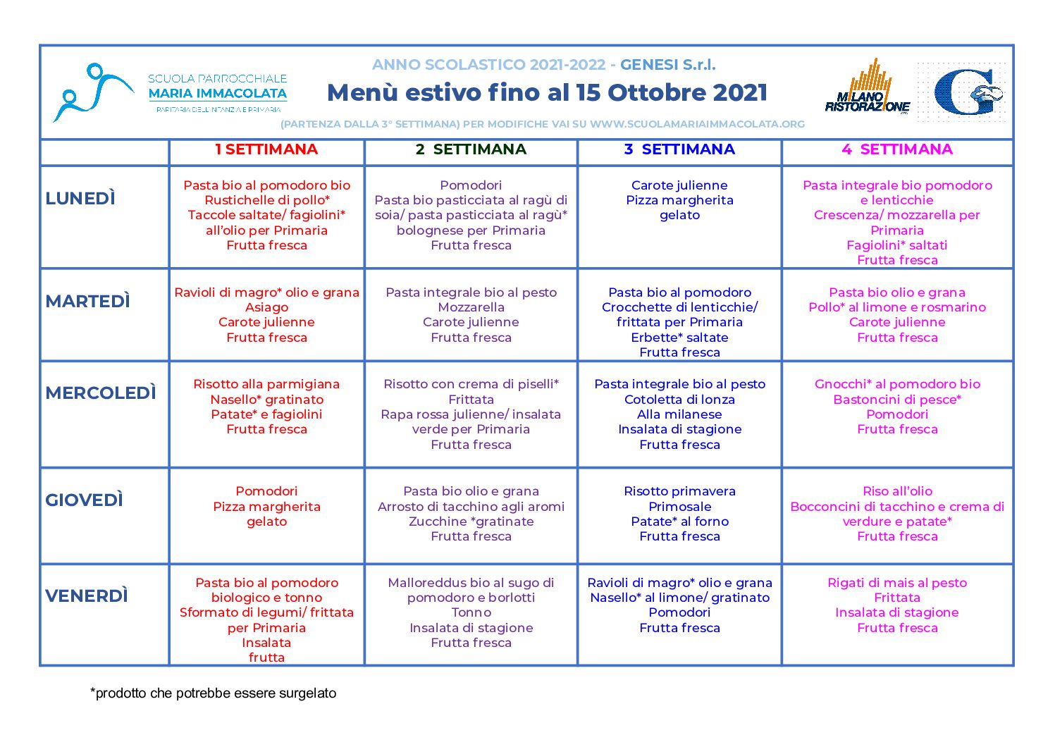 Menù fino al 15 ottobre Scuola Maria Immacolata