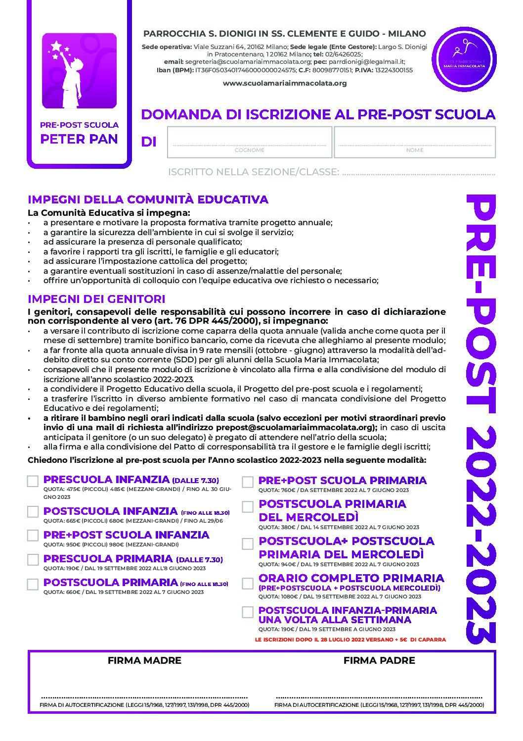 Modulo di iscrizione pre-post scuola 2022-2023